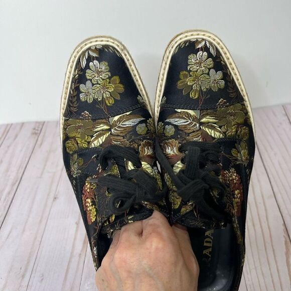 Prada Brocade Black Floral Espadrille Sneakers - Picture 8 of 11